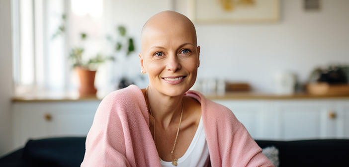 Eine mittelalte Frau ohne Haare lächelt entspannt in die Kamera. Sie hat eine rosa Strickjacke über einem weißen Shirt an und trägt Schmuck.